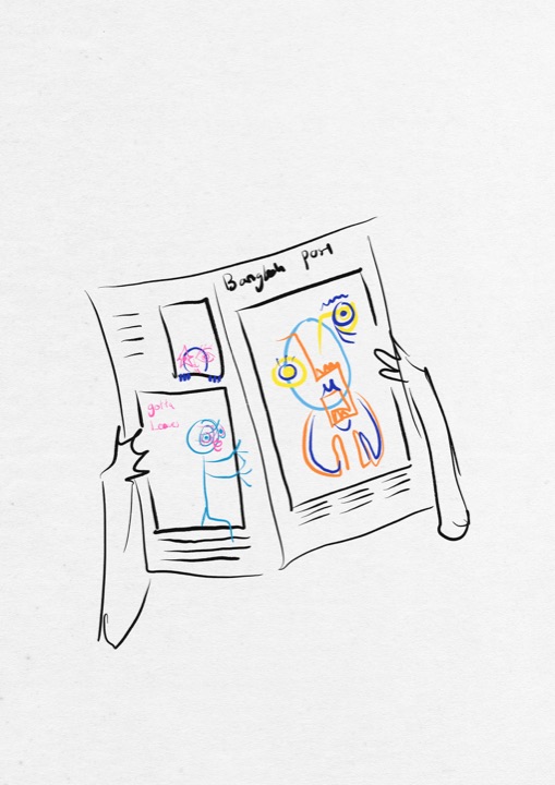 Stock Pulper diary drawing of a figure reading a newspaper